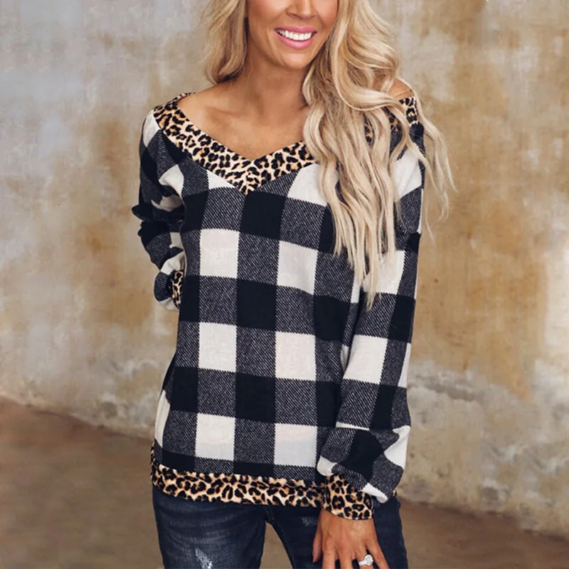 

Women'S Fashion Sexy V-Neck Tie Dye Plaid Printed Leopard Stitching Long Sleeve Sweater