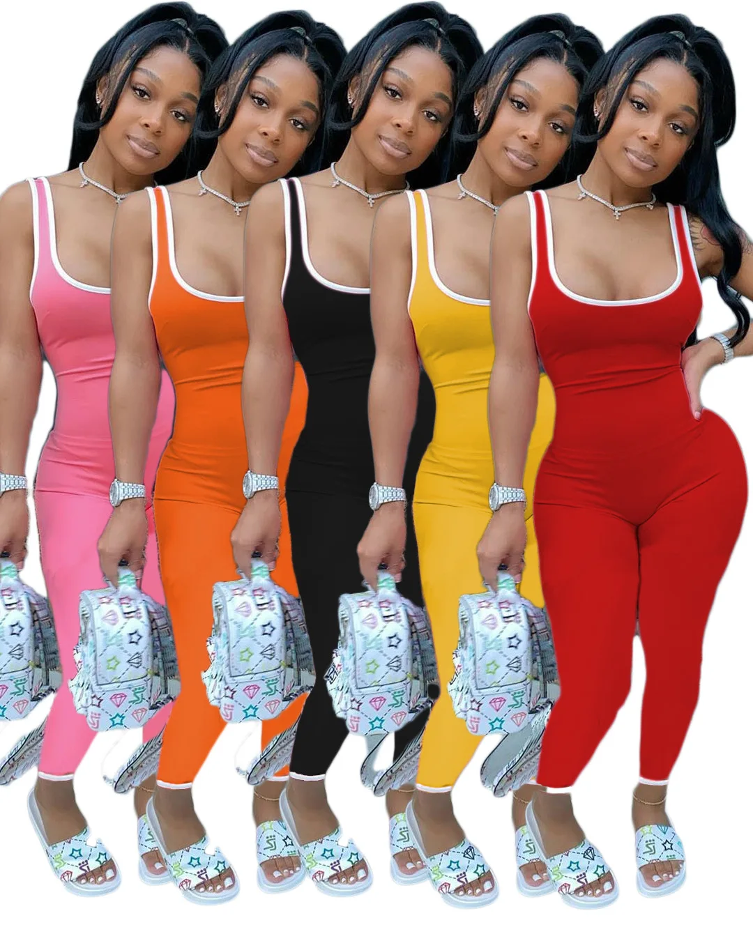 

Fashion Sports Jumpsuit Casual Plus Size Women's Square Collar Sleeveless Solid Color Sports Jumpsuit 2021 Spring And Summer