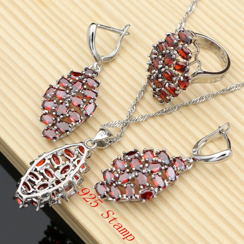 

Red Garnet Beads 925 Sterling Silver Jewelry Sets for Women Wedding Bohemian Earrings with Stone Necklace Set Dropshipping