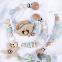 new baby toy wooden pram clip baby mobile pram food grade beech bead pacifier chain chewable rattle baby wooden teether