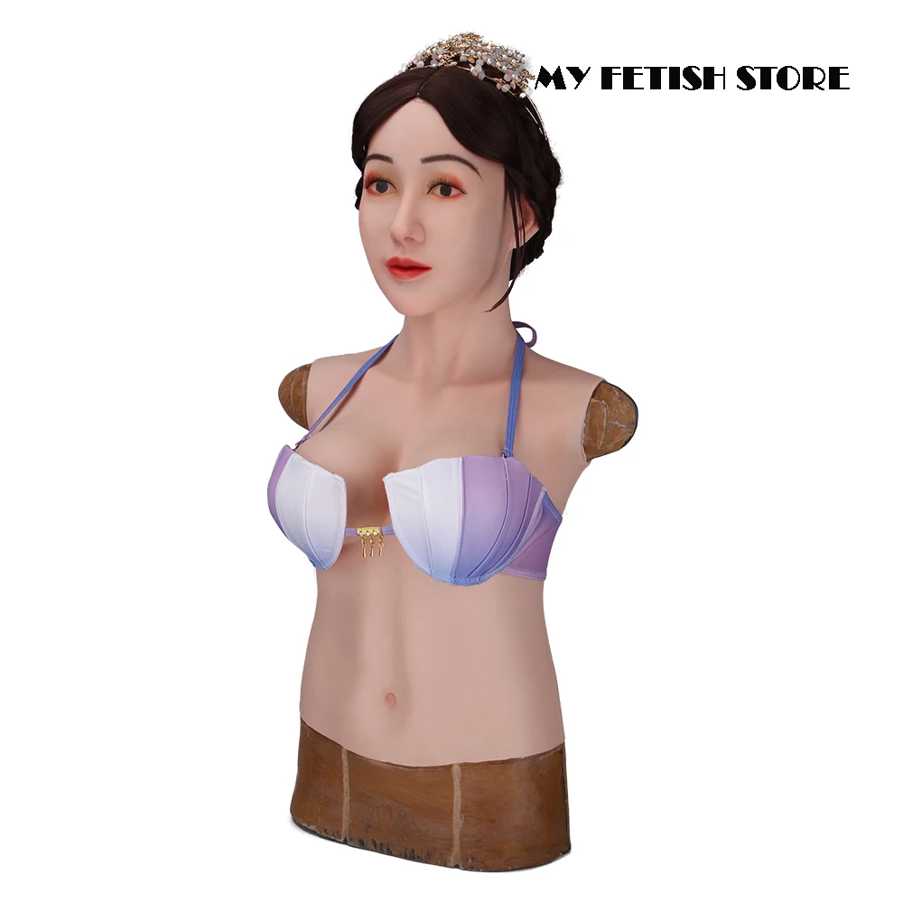 (Angela-1G)Crossdress Full Head Realistic Silicone Girl Female Disguise Party Cosplay Transgender Mask With E Cup Breast Torso