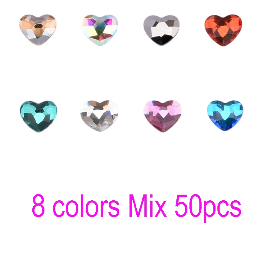 MIX 50pcs 10 шт плоские кристаллы для ногтей в форме сердца, стеклянные камни, Стразы для ногтей, амулеты для дизайна ногтей, dekor 6 мм, 10 цветов на выбор, TBL55 - Цвет: MIX 50pcs