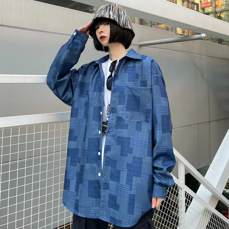 

Womens Blue Plaid Long Sleeve Shirts for 2021 Fashion Trends Loose Clothing Ladies Vintage Button Up Blouses and Streetwear Tops