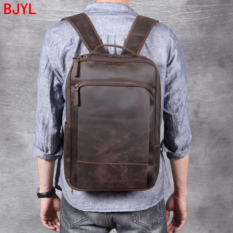 

New Vintage Leather Men's Backpack Handmade Suede Leather Men Laptop Bag Travel Backpacks Male Leather School Bags Original BJYL