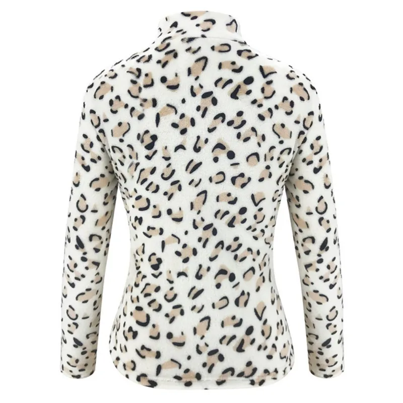 

Leopard Patchwork Plush Sweatshirt Women Warm Zipper Fleece Casual Winter Oversized Stand Collar Pullover