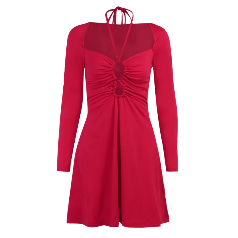 

Sexy Bandage Hollow Out Long Sleeve Women Dress High Waist Elegant Halter Female Dresses Autumn Mini A-line Dress Vestidos 2021