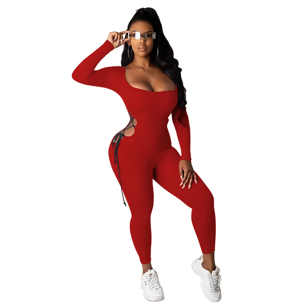 

Lace Up Waist Band Cut Out Fitness Jumpsuits Women Sexy Low Neck Long Sleeve One Piece Overall High Street Active Wear Outfits