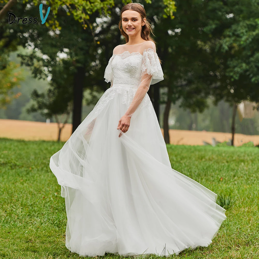 Элегантное свадебное платье Dressv с глубоким круглым вырезом трапециевидная длина