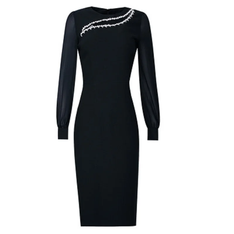 

Office lady Solid Fashion dress 2021 Autumn Spring casual beading dress women's slim patchwork O-neck purple retro Hepburn skirt