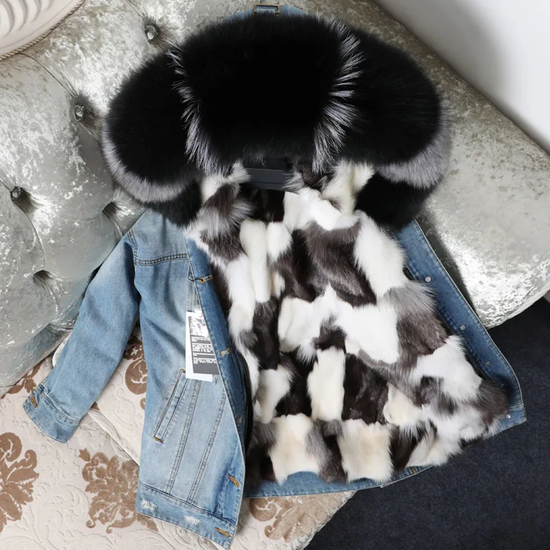 2020 Новое джинсовое пальто средней длины с подкладкой из лисьего меха воротником