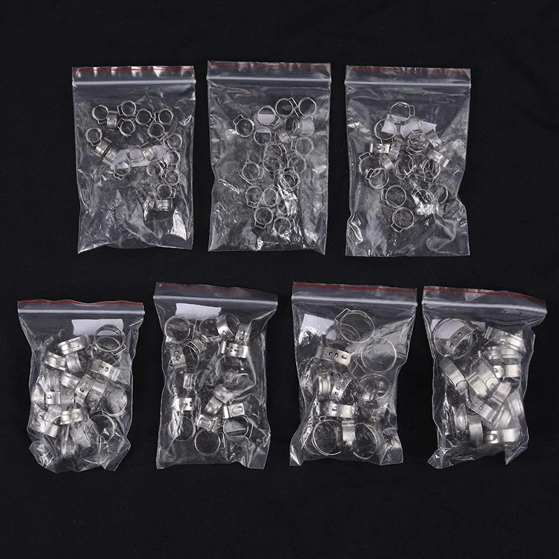 

Single Ear Stepless Hose Clamps 130Pcs 5.8-21Mm 304 Stainless Steel Cinch Clamp Rings Single Ear Hose Clamp Crimper Tool Kit
