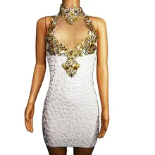 Shining Diamonds Banquet Elegant Party Evening Costume Sleeveless Performance Mini Dress Stage Wear 