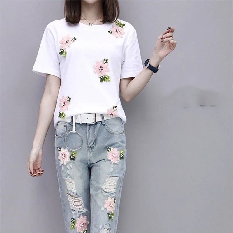 2020 New Summer 2 Piece Set Women Heavy Work Embroidery Flower Tshirts + Hole Jeans 2pcs Clothes Sets Casual Suits Outfits AH164 |