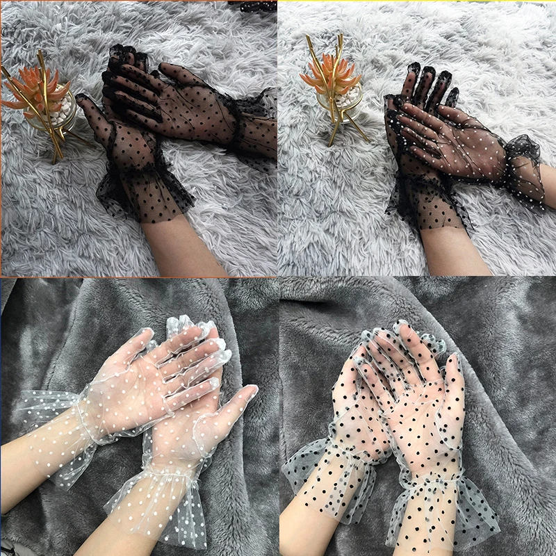 

New 1 Pair Summer Women Thin Short Tulle Gloves Stretchy Lace Spots Sheers Flexible Accessories Full Finger Silk Short Gloves