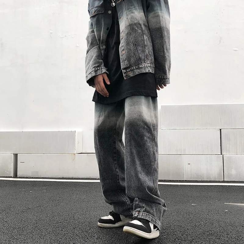 2 Pieces Sets Men Fashion Gradient Single Breasted Denim Jeans Jackets Coats and Zipper Straight Pants Joggers Streetwear Sets