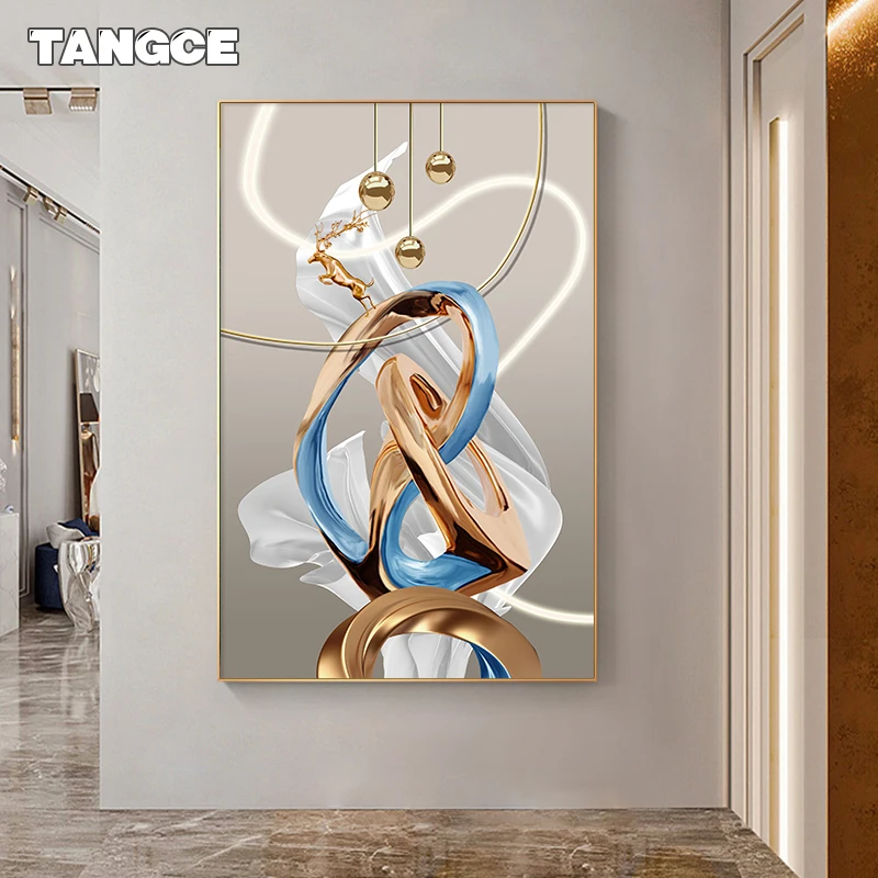

Modern Abstract Golden Deer Canvas Painting Nordic Luxury Ribbon Poster Print Wall Art Pictures for Living Room Home Decoration