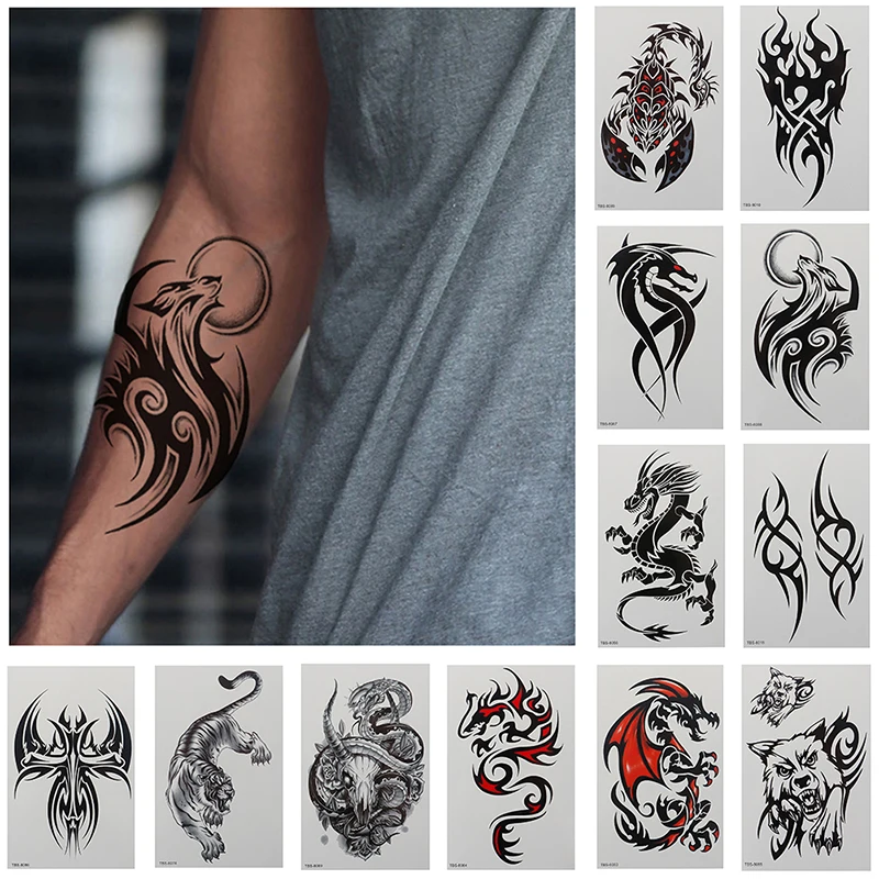 

Waterproof Temporary Tattoo Sticker Dragon Wing Cross Flash Tatto Wolf Scorpion Totem Body Art Arm Water Transfer Fake Tatoo Men