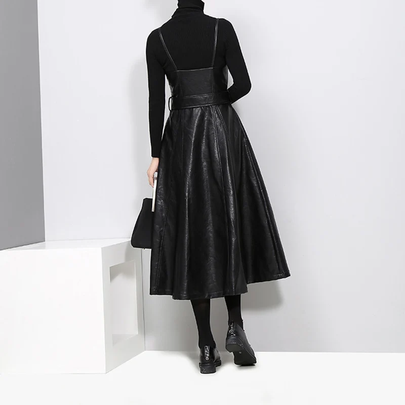 2019 осеннее женское платье из искусственной кожи черное свободное без бретелек на
