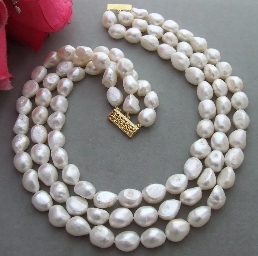 

Free Shipping Natural freshwater pearls 17"18"19" 9-11MM White Baroque rregular shaped Pearl Necklace