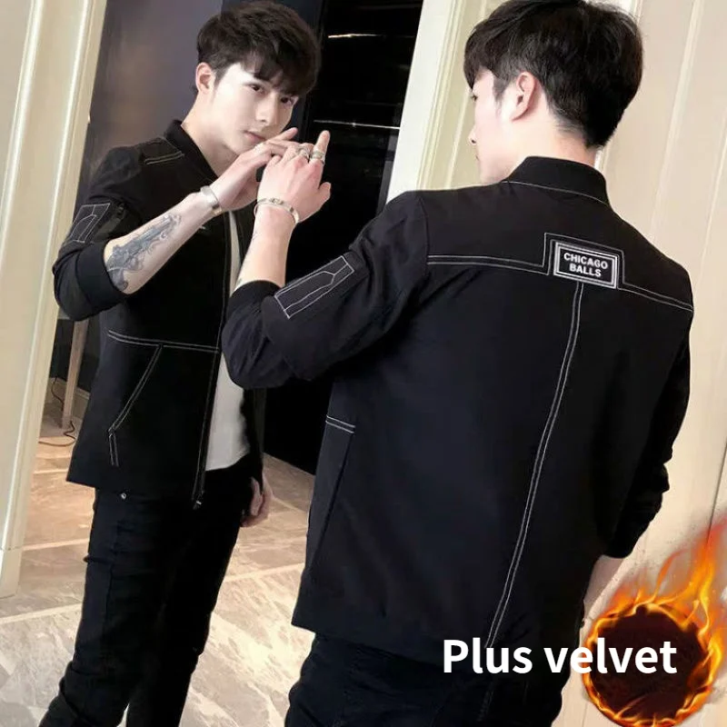 

Spring Autumn Korean Jacket Men's Trend Ins Wild Baseball Uniforms Boys Sports Clothes New Jean Japanese Fashion Black