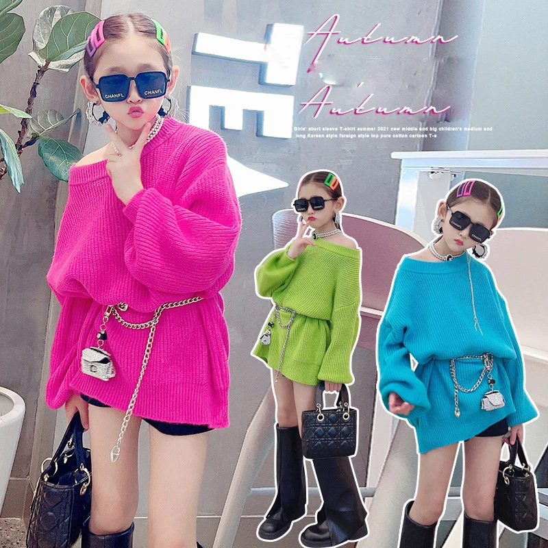 

Girls' sweater Pullover wool autumn winter 2021 new warm loose knit medium and long velvet sweater top for girls aged 3-14