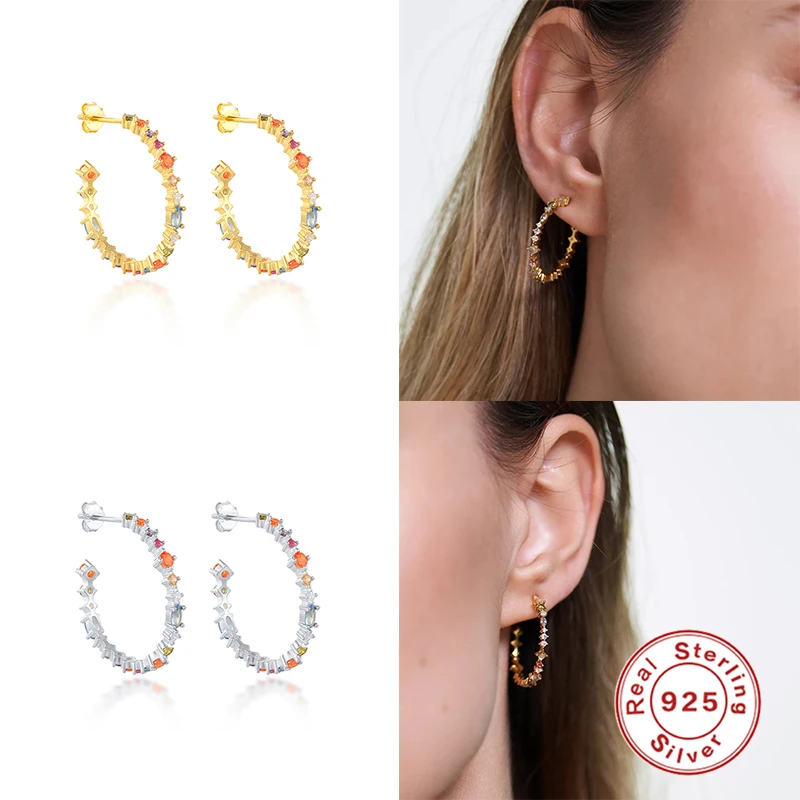

100% S925 Sterling Silver Color Zircon Cross Pendant Drop Earrings C Shape Circle Rainbow Crystal Dangle Earring Women Jewelry