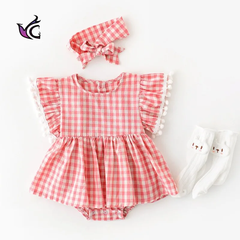 

Детская одежда бренда Yg, Новинка лета 2021, цельный клетчатый кружевной рукав для новорожденных девочек, одежда для малышей, пояс для волос