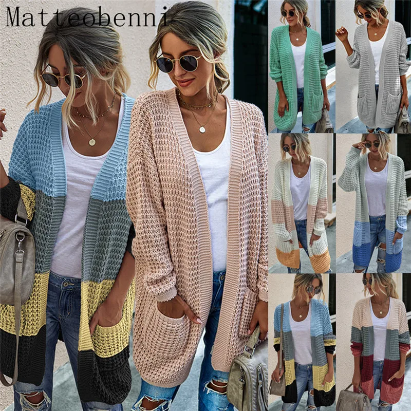 Fashion Cardigans Autumn Winter Womens Sweaters 2020 Knitting Sweater Long Cardigan Color Contrast Coat Female Knitted |