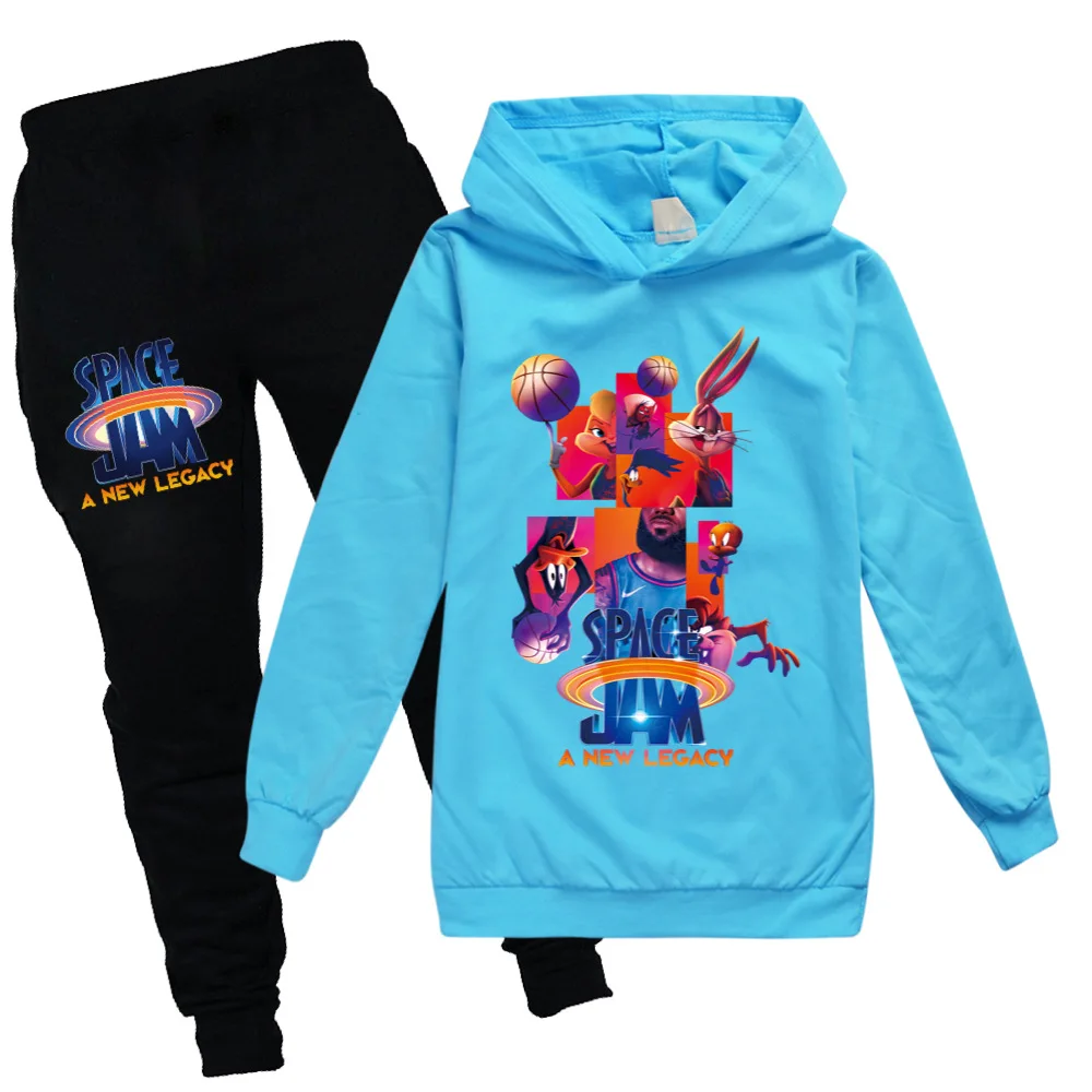 

Новинка, осенняя толстовка с капюшоном и штаны SPACE JAM 2, комплект из 2 предметов для подростков, девочек и мальчиков, мультяшный костюм из свит...