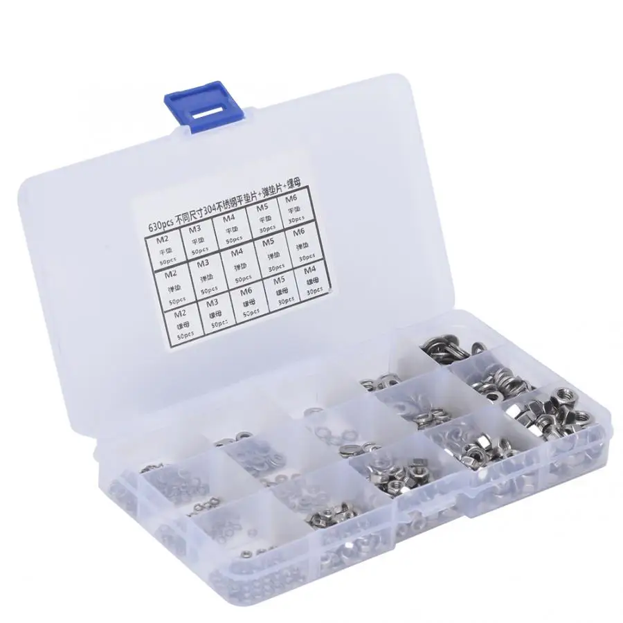 630 шт. плоская шайба из нержавеющей стали + пружинная прокладка гайка M2 M3 M4 M5 M6