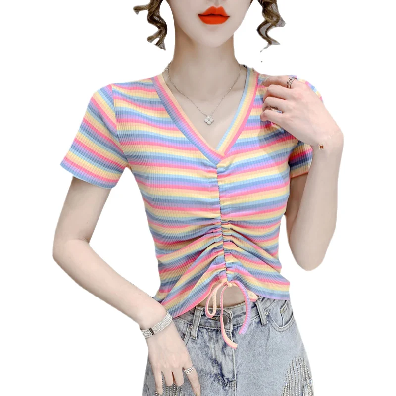

Rainbow Striped Drawstring Short Woman Tshirts High Waist Top 2021 Summer New V-neck Short Sleeve T-shirt for Women Streetwear