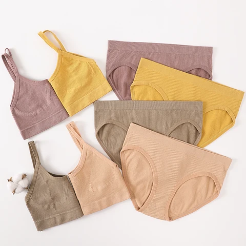 Seamless Women Bra Briefs Set Push Up Bra Crop Top High Waist Panties Sexy Lingerie Set Low Back Bralette Fitness Underwear Set