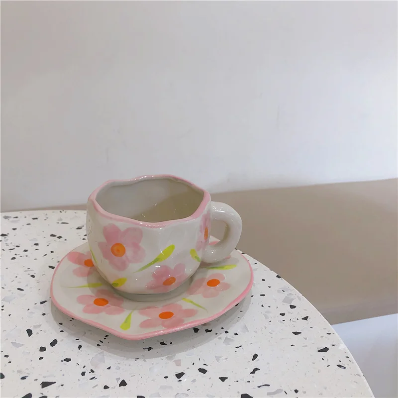 

Vintage ins hand pinch irregular flower ceramic coffee cup afternoon teacup dish set mug niche