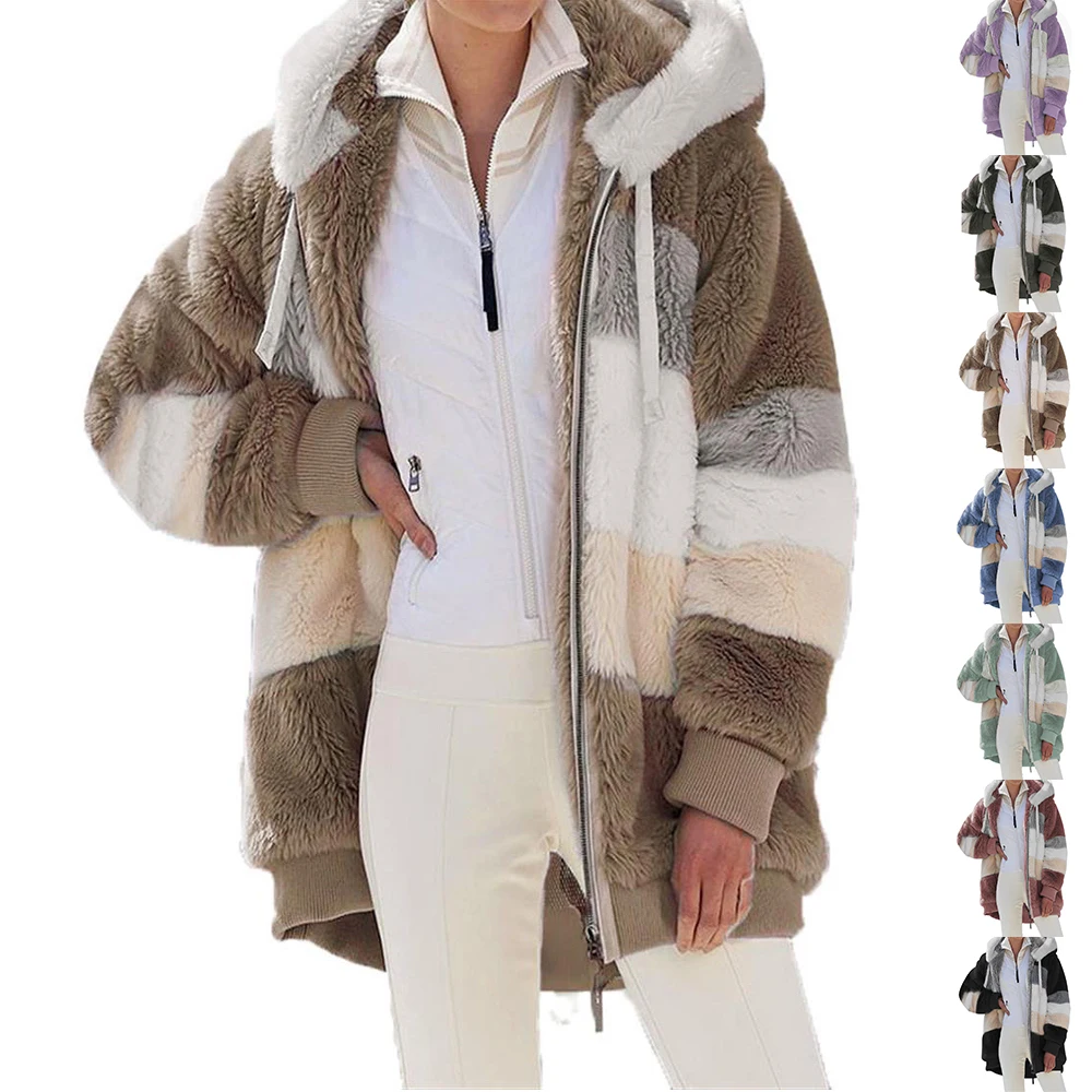 

Winter Coat Teddy Bear Fur Hoodie Warm 2021 Jacket Women Striped Zip Up Jacket Tops Jackets Coats Ropa De Mujer