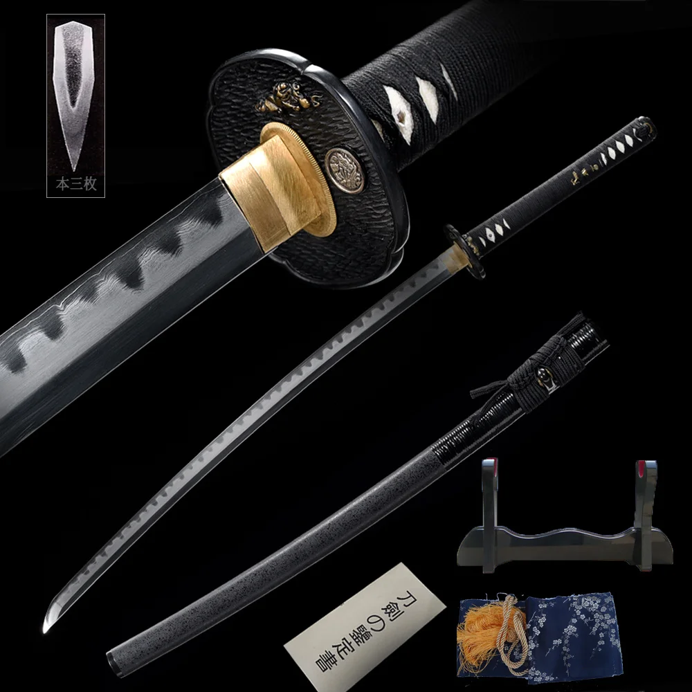 Honsanmai-espadas japonesas aut&eacute;nticas hechas a mano, Katanas reales Tang de acero plegado, pulidas a mano con bast&oacute;n envuelto en madera de Hamon Saya-0