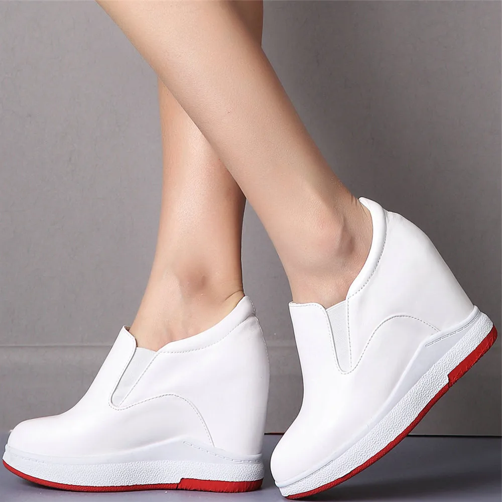 

2021 Casual Shoes Women Genuine Leather Wedges High Heel Vulcanized Shoes Female Round Toe Fashion Sneakers Platform Pumps Shoes