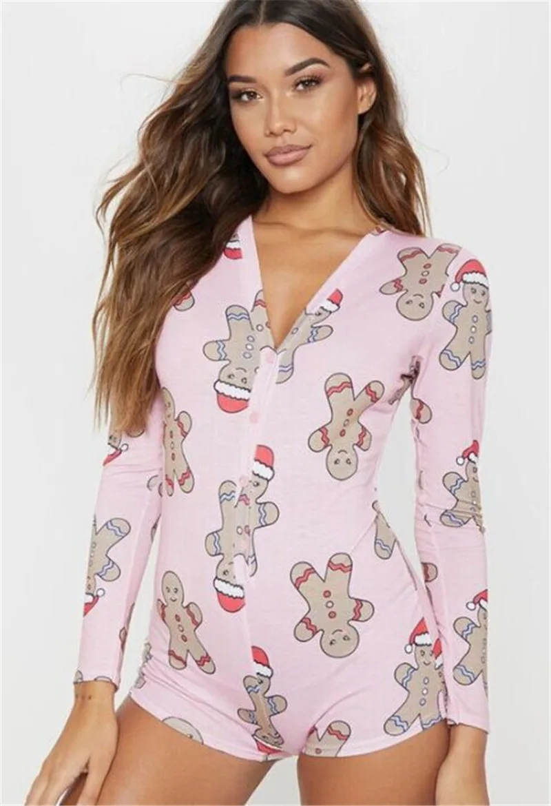 

Women Long sleeve printed jumpsuit gingerbread Man Pattern Pink Color Home Romper