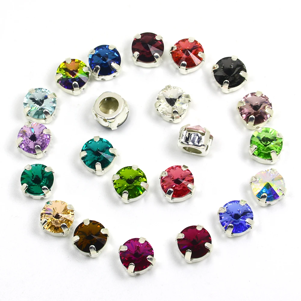 

8mm Rivoli Glass Crystal Flatback Sew on Rhinestone Sewing Diamond Beads Silver Claw Button for Needlework Garment Accessories