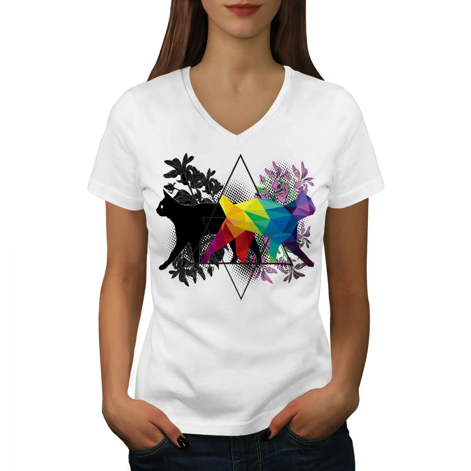 

Cat Contrast Art Womens V-Neck T-shirt, Animal Graphic Design Tee
