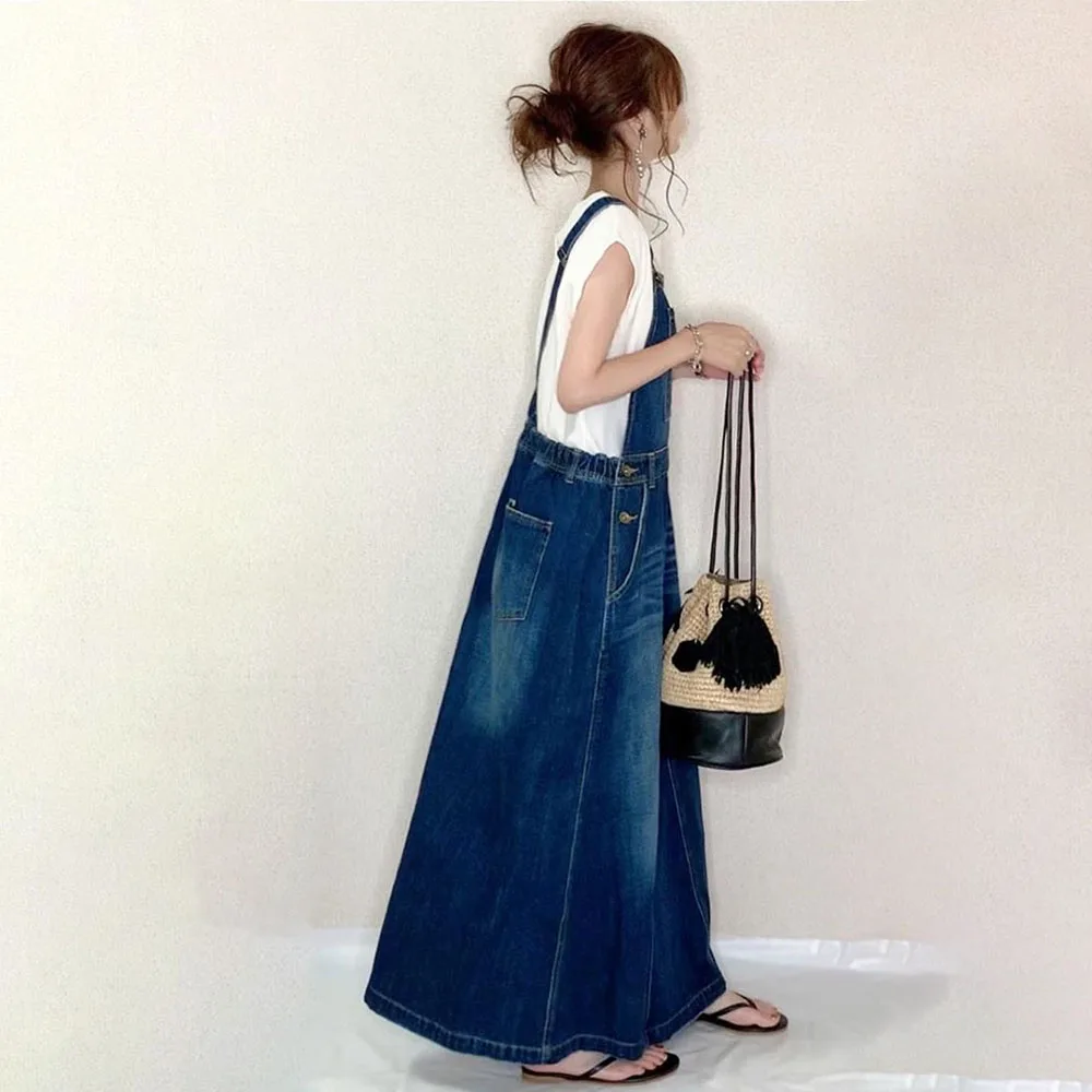 Осень 2020 милое джинсовое платье на бретелях японские Свободные женские длинные