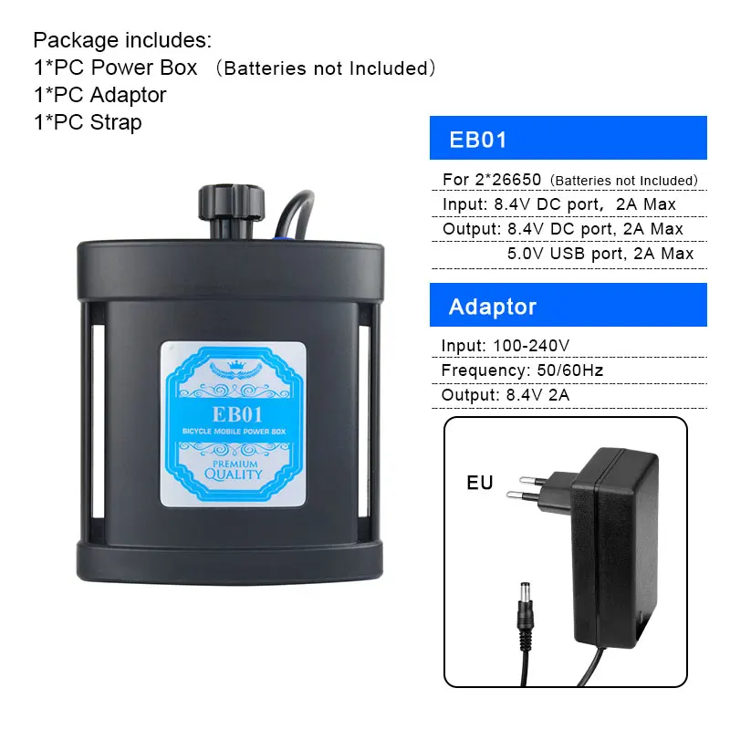 EB01 N EU Adaptor Комплект велосипедных ламп Батарея коробка 8,4 V 5V двойной Напряжение Выход для 2/4/6 18650/26650 Батарея W/ремень Дополнительный 100-240V адаптер настрящая огонь - Цвет: EB01 N EU Adaptor