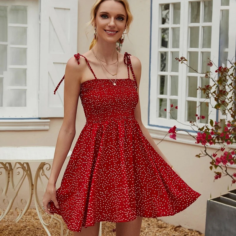 

2021 Summer Bohemian Floral Print Women's Sundress High Waist Elastic Bust Spaghetti Strap Female Short Beach Dresses Loose