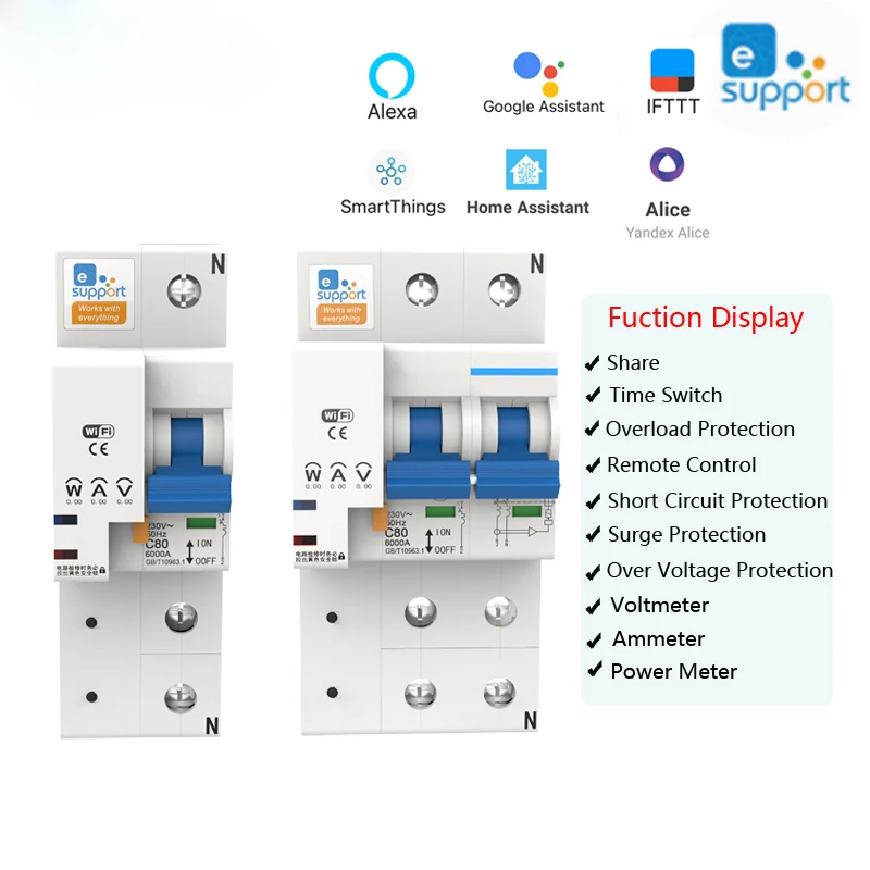 

1/2P 10-100A 220V Smart WIFI Circuit Breaker Switch Power Energy Consumption kWh Meter Voltmeter Ammeter Voltage Monitor