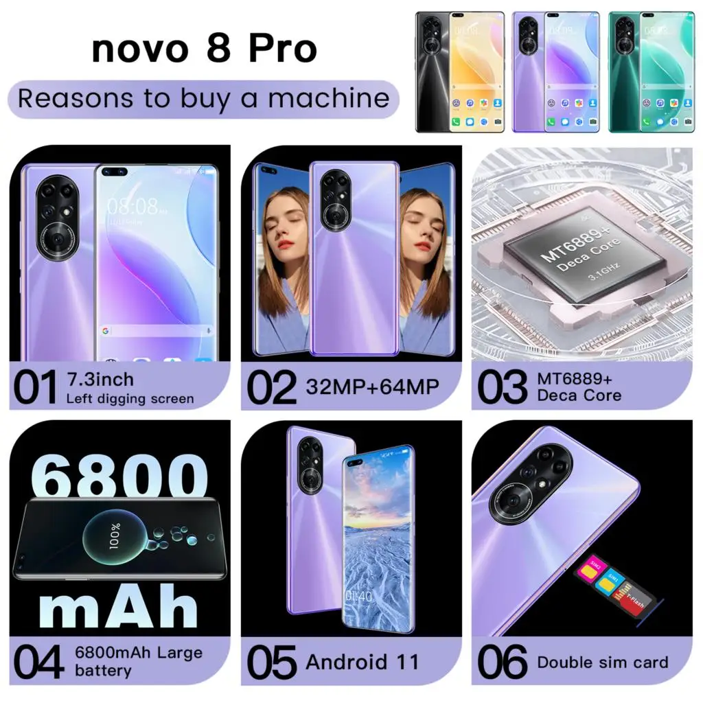 Novo-tel&eacute;fono inteligente 8 Pro, dispositivo con desbloqueo Global, Pantalla Completa HD de 7,3 pulgadas, 16GB, 512GB, Android 11, c&aacute;mara de 32 + 64MP, Bater&iacute;a grande de 6800mAh-3