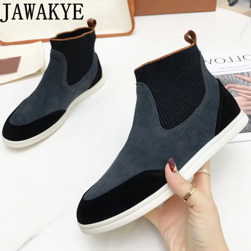 

2021 Winter New Hot Sale Brand Shoes for Women Nude Splicing Real Suede Walking shoes Casual Elastic Slip-on flat Shoes mujer