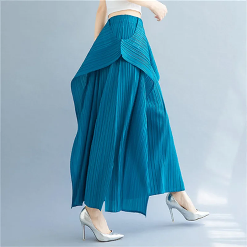 

2021 Irregular Split Fork Wide Leg Pants Loose Solid Color Elastic Waist Casual Women Miyak Pleated Plus Size Trousers Ladies