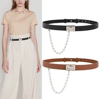 new design pearl tassel belts for women coat silver buckle black soft faux leather strap belt dress adjust waistbands woman gift