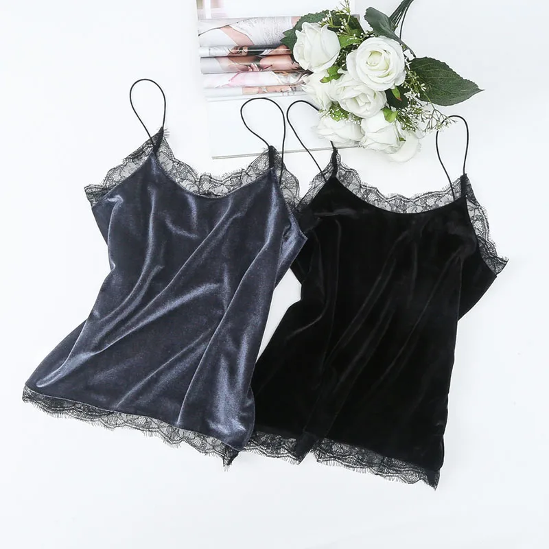 

Korean Fashion Velvet Crop Top Women Black Office Lady Cami Sports Bras Spaghetti Strap Tank Top Solid Halter Top Women Tank Top