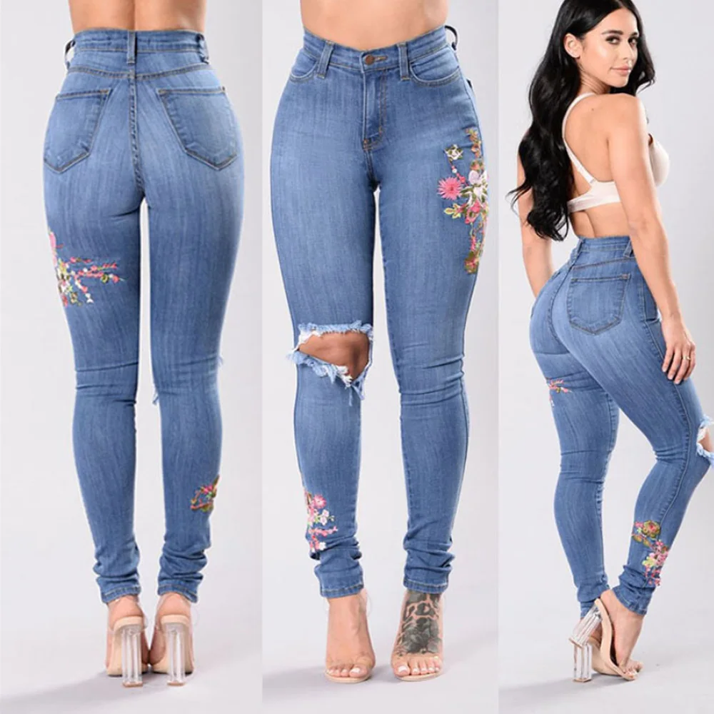 Женские эластичные джинсы с вышивкой Синие рваные джинсовые брюки узкие