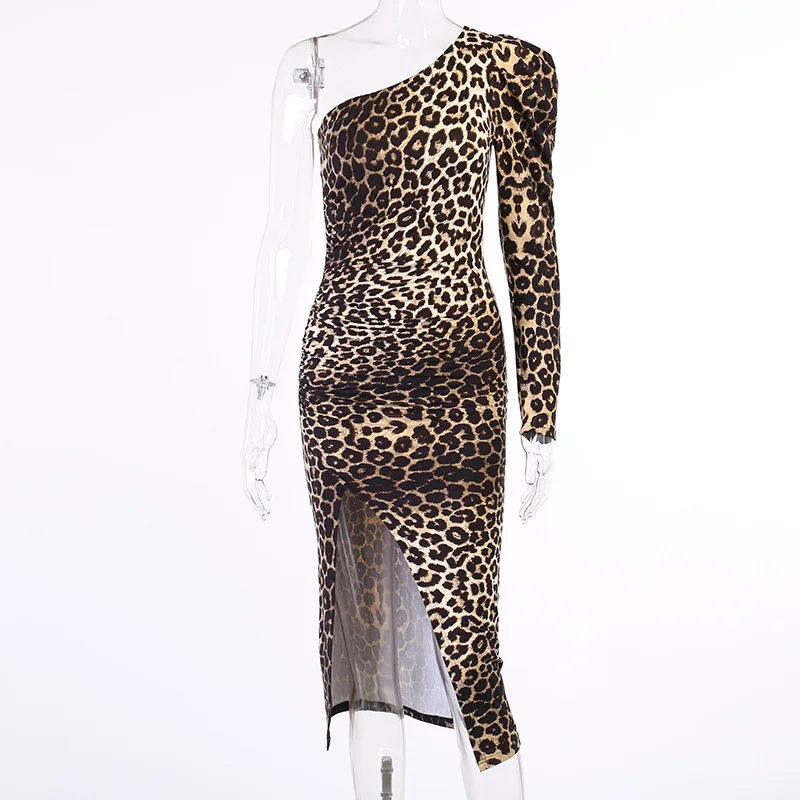

WJFZQM One Shoulder Dress Leopard print Backless Dress For Women Long Sleeve Ladies Sexy Club Partywear Skinny Irregular Vestido